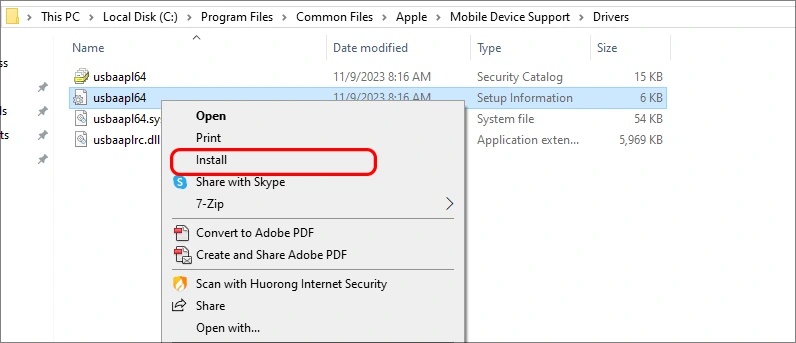 安裝 Apple USB 驅動程式 INF 檔案