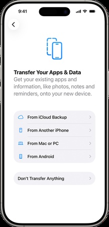 Schermata di configurazione dell'iPhone per il trasferimento di app e dati