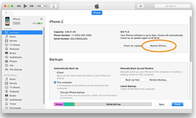 restore from a local itunes