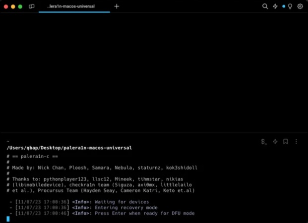 تشغيل أمر Palera1n في Terminal