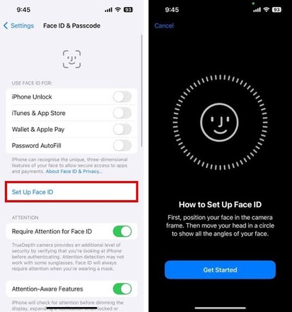 Toccare Continua nella schermata di configurazione di Face ID