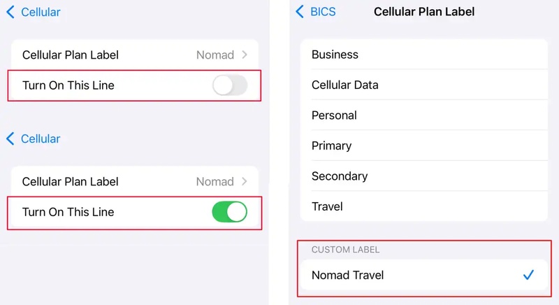 Toggle Esim Plan Off and on