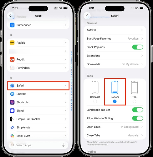 Choose Safari Tab Position Preference