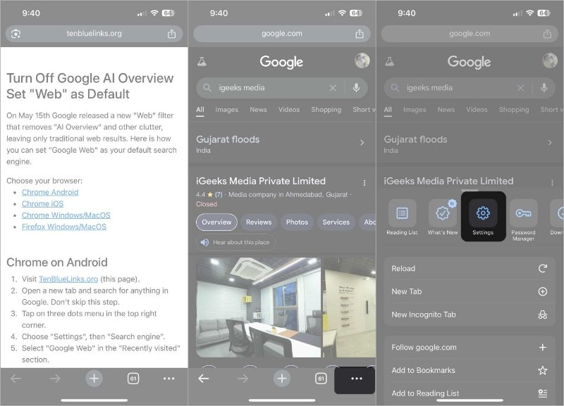 choose settings from the pop-up