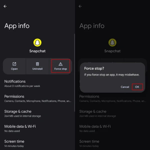 force stop snapchat hit ok