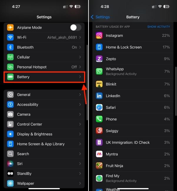 identify battery draining apps