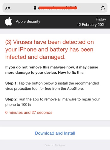 صورة لرسالة تحذير أمان وهمية من Apple