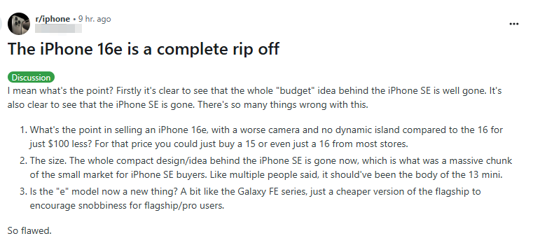 iphone 16e comments from reddit