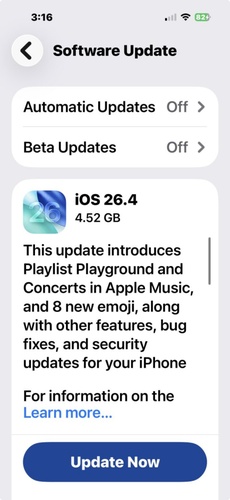 Tap Update Now for Ios 26.4