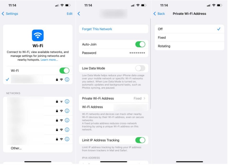 отключить приватный Wi-Fi-адрес
