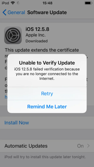 iOS 12.5.8 Unable to Verify Update