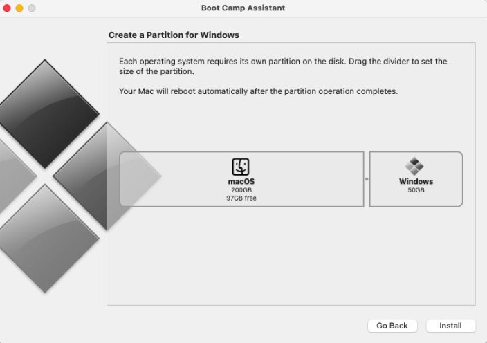 Boot Camp Assistant Partition Screen