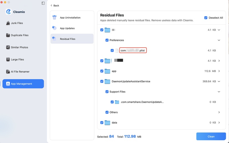 Cleamio Delete Leftover Plist Files