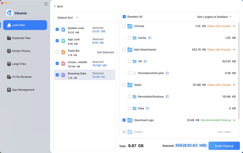 Cleamio Select and Delete Browser Caches