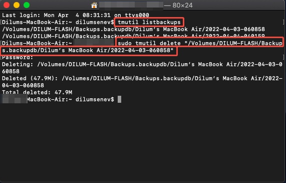 Delete Old Time Machine Backups in Mac Terminal