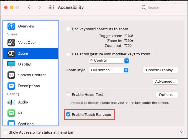 Uncheck Enable Touch Bar Zoom to Fix Touchbar Flickering