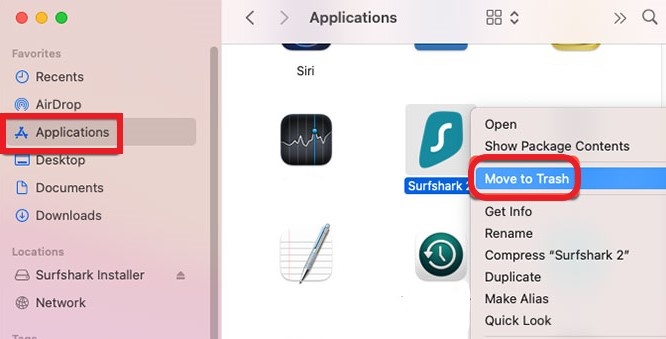 Move Surfshark to Trash