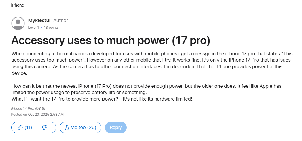 此配件使用太多電力17pro