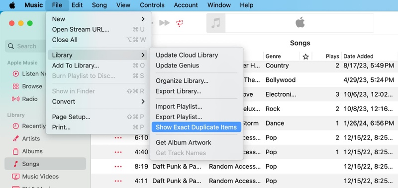 Show Exact Duplicate Items in Mac Music App