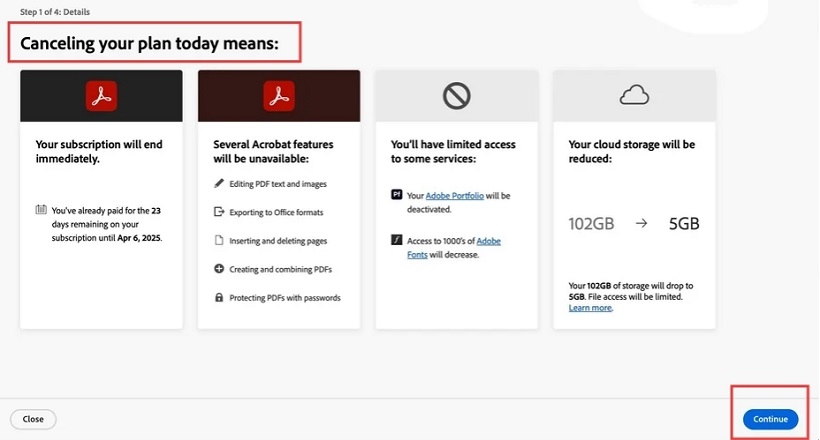 choose reason and confirm for cancel adobe subscription