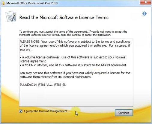 aceptar los términos de descargar office 2010