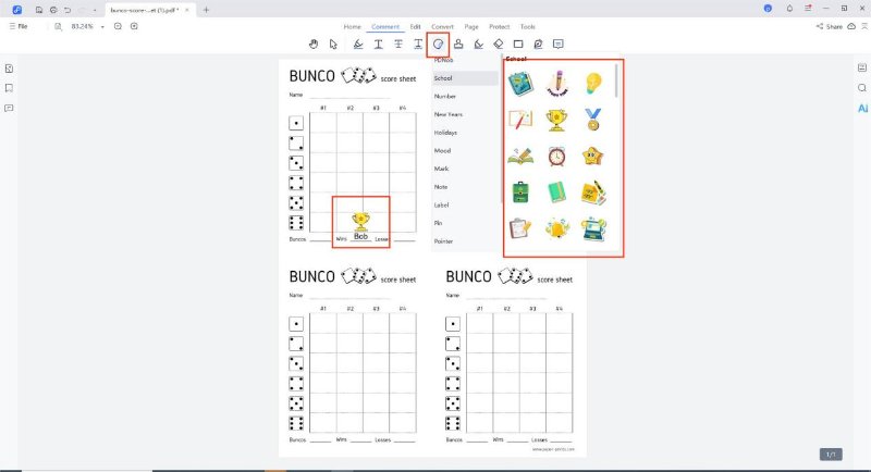 add text to bunco score sheets