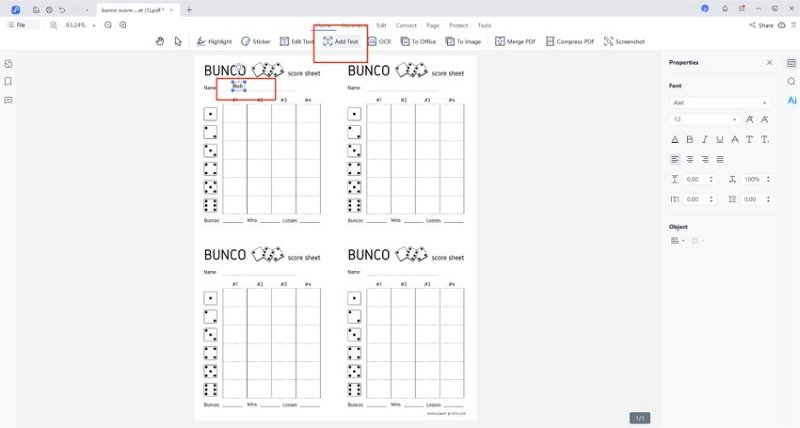 add text to bunco score sheets