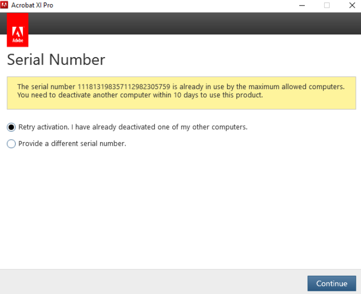 adobe serial number already in use