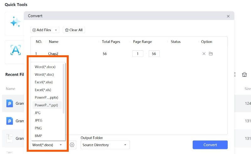 choose your desired output format in pdnob