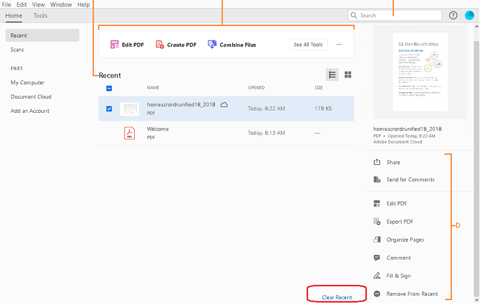 adobe acrobat clear recent files