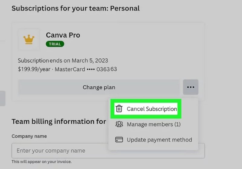 click cancel canva pro subscription
