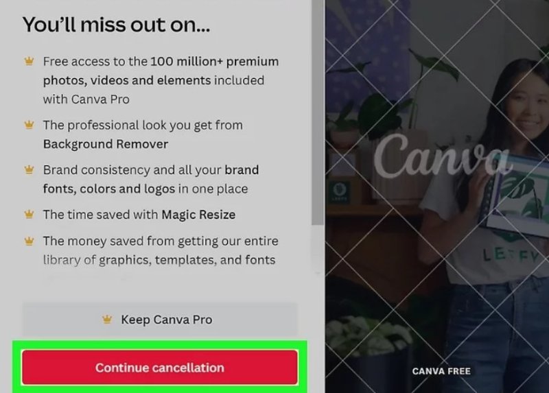 click continue cancellation button to cancel canva pro