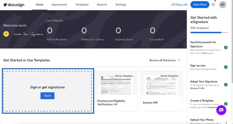 click on send documents for signature on docusign