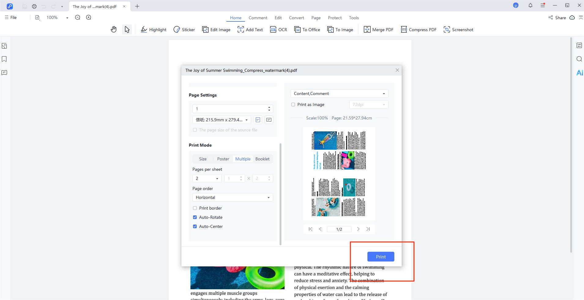click print to combine two pages into one