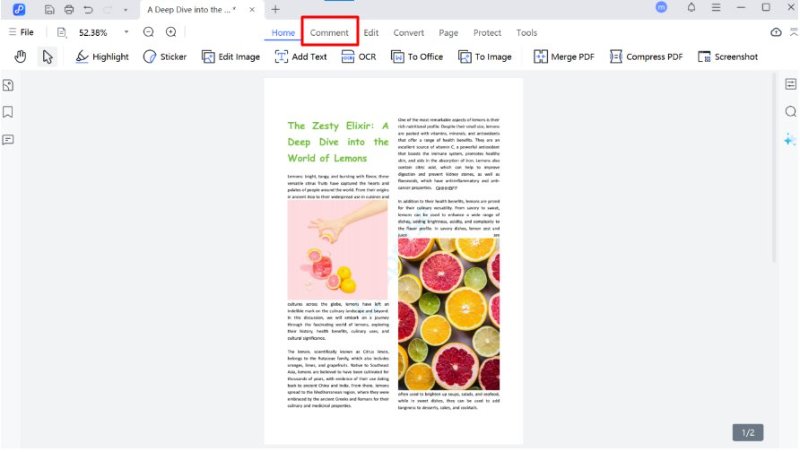 click the comment tab to access annotation tools