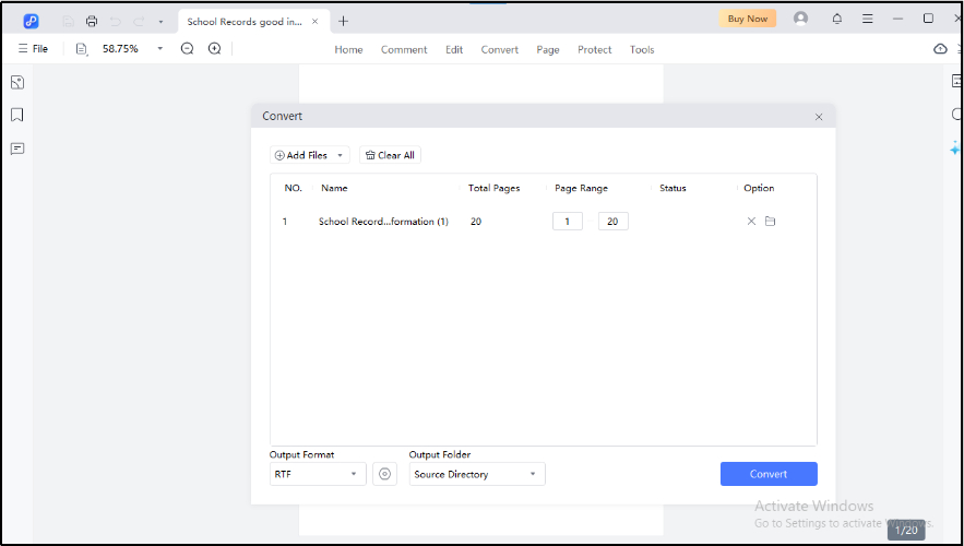 conversion setting for pdf to rtf