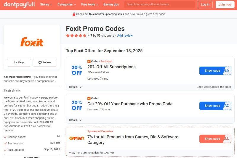 dontpayfull website for foxit promotion code