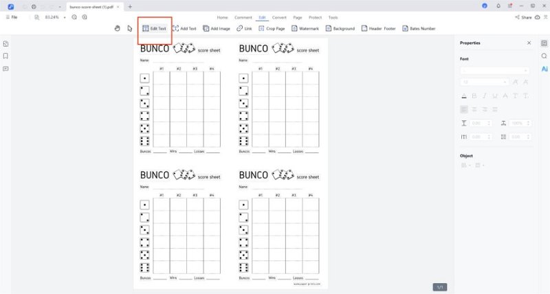 edit text to bunco score sheets
