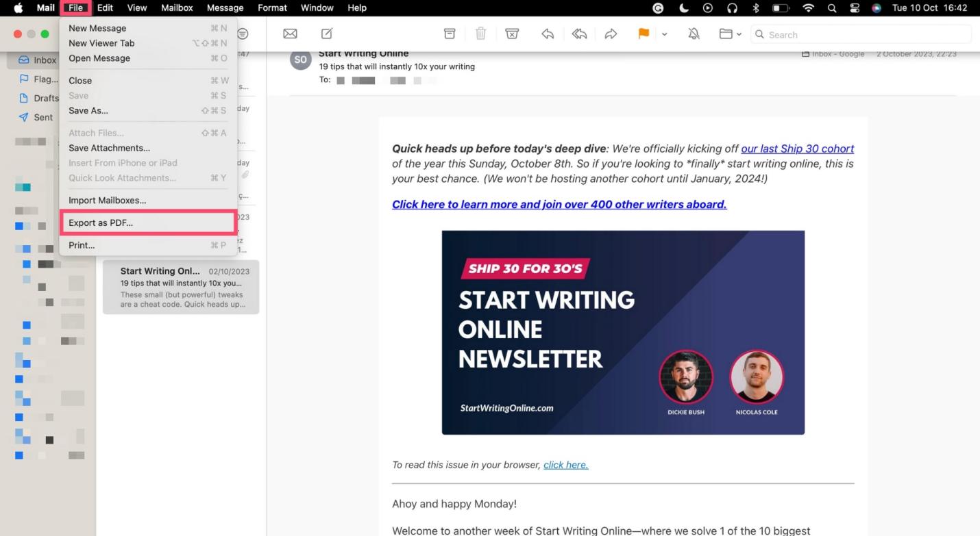 экспортировать Outlook как PDF на Mac