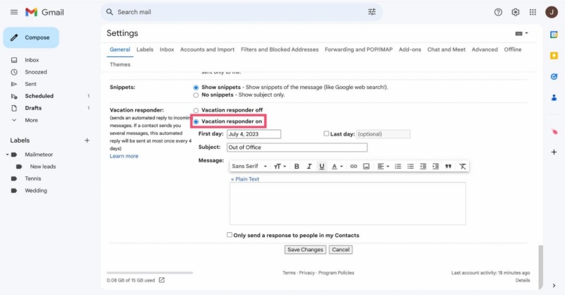 gmail vacation responder