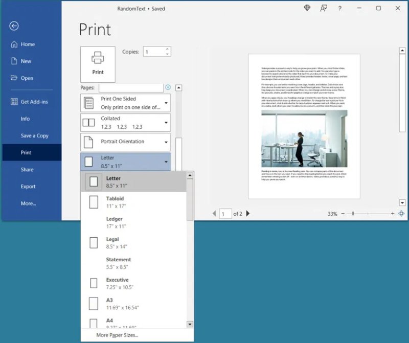 how to change paper size and scale in word