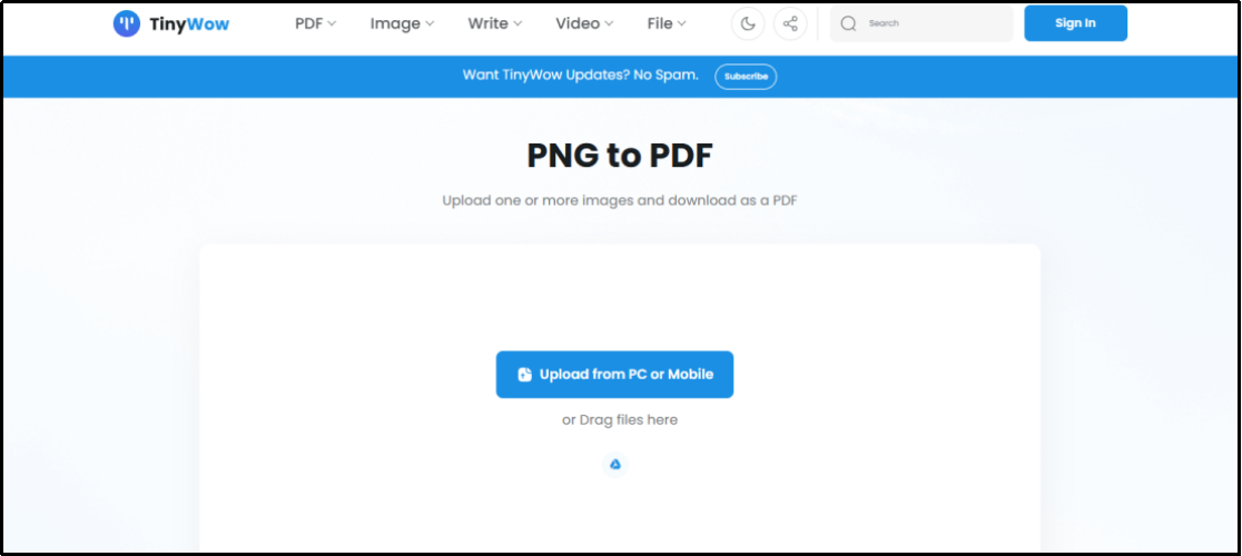 convert a png to pdf by tinywow