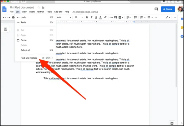 find and replace in google docs from menu bar