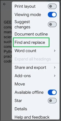 find and replace in mobile google docs app