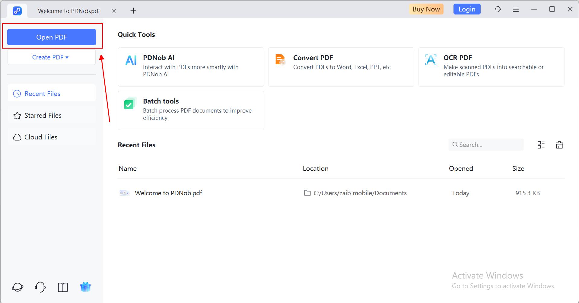 import the pdf file directly on pdnob