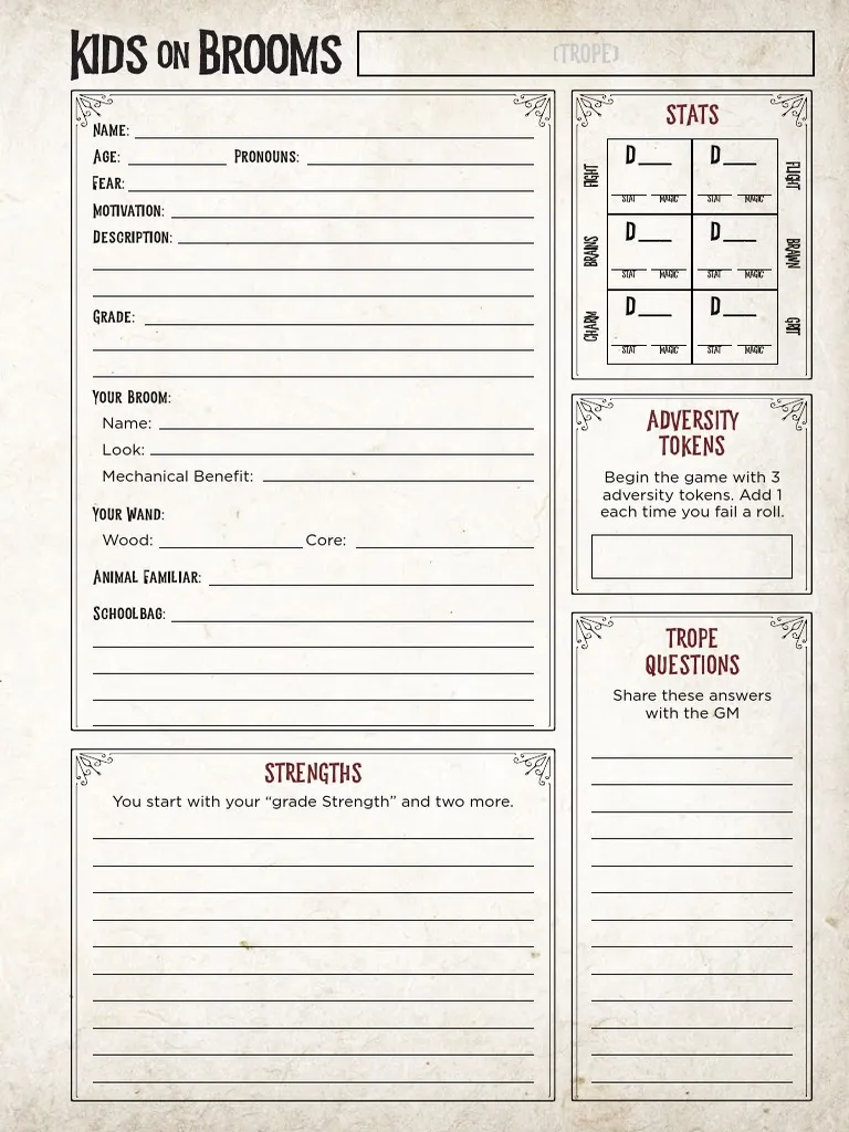 kids on brooms pdf character sheet