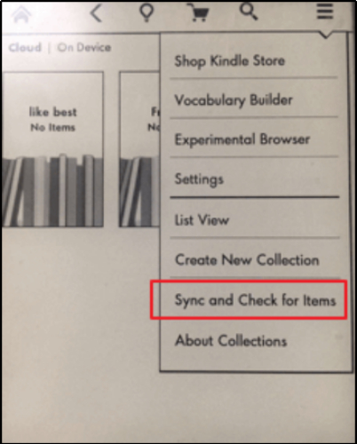 sync and check for items option in kindle app