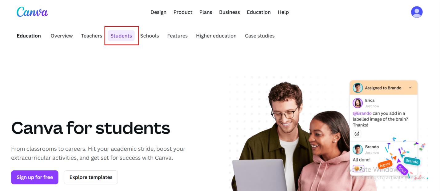 navigate to canva for students section