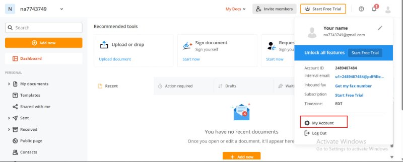 navigate to pdffiller account settings