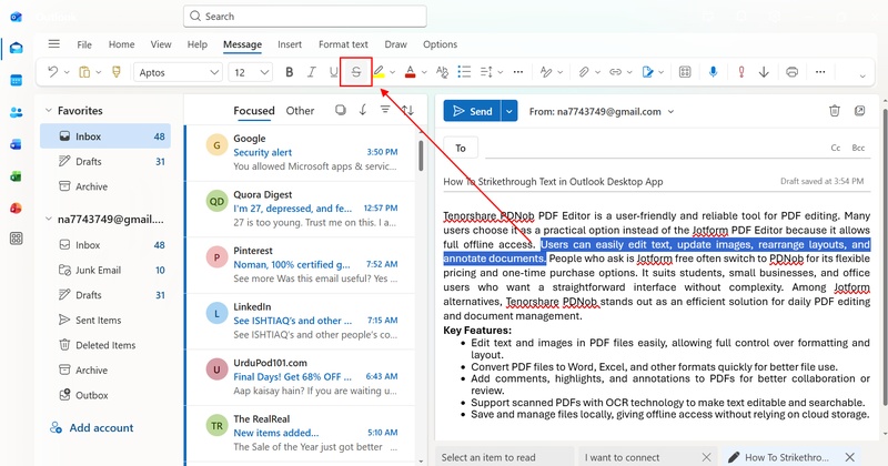Oulook Strikethrough
